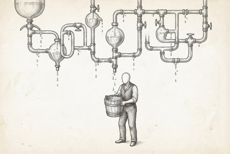 Conceptual pen-and-ink engraving on warm paper. A complex network of ornate glass siphons and pipes leaking liquid from several joints, with a faceless human figure below holding a heavy wooden bucket to catch the drips.