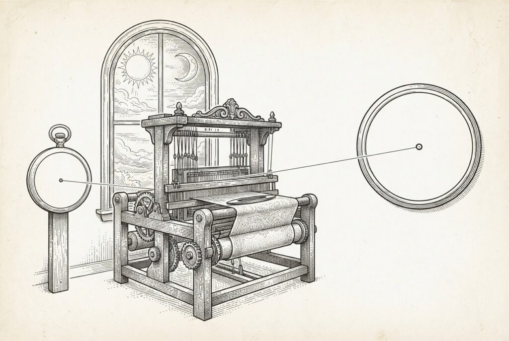 Monochrome pen-and-ink engraving of an unmanned wooden loom weaving cloth before an arched window showing both sun and moon, with a single thread stretching between two blank clock dials, symbolizing autonomous work that spans a full day.