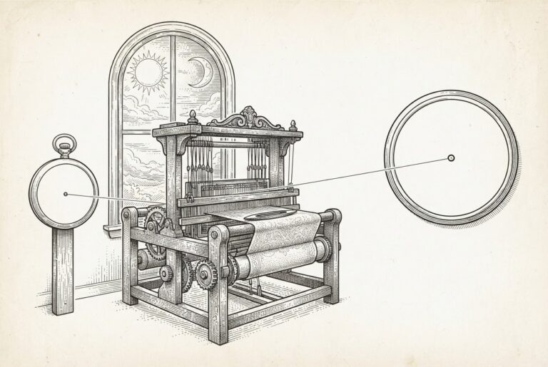 Monochrome pen-and-ink engraving of an unmanned wooden loom weaving cloth before an arched window showing both sun and moon, with a single thread stretching between two blank clock dials, symbolizing autonomous work that spans a full day.