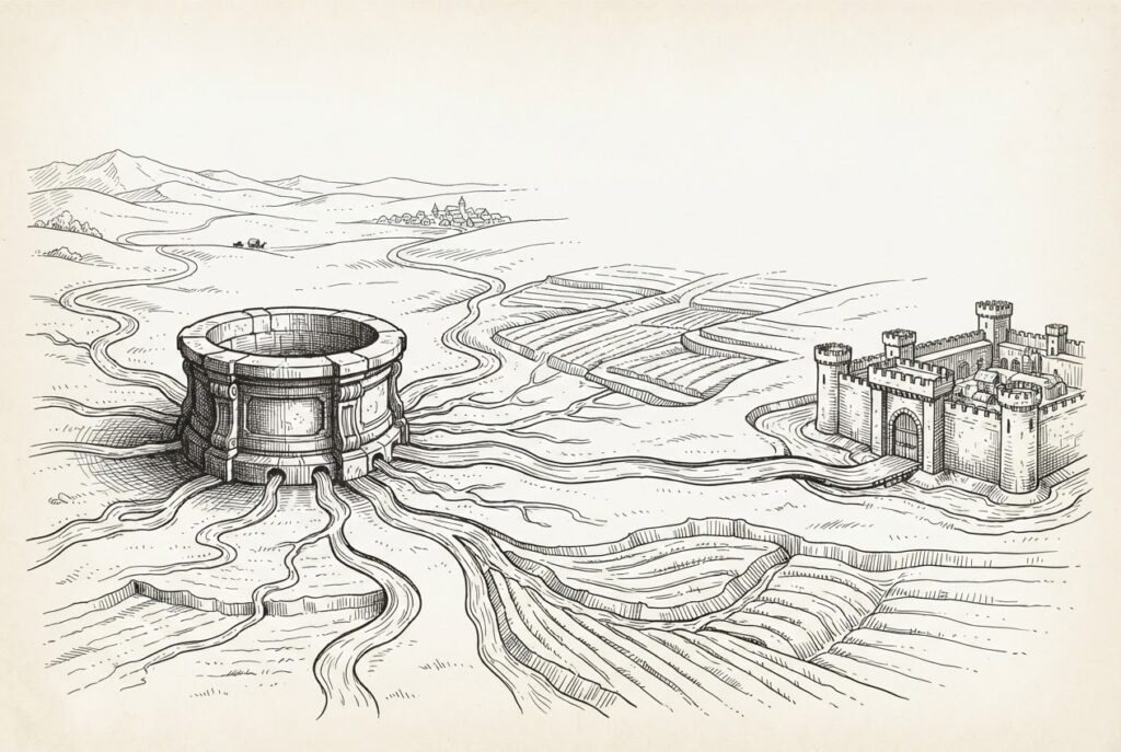 A massive ornate well at the center with multiple channels flowing outward in different directions - the infrastructure provider feeding all competing paths equally