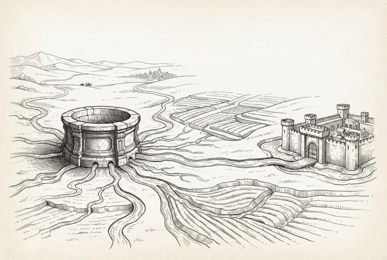 A massive ornate well at the center with multiple channels flowing outward in different directions - the infrastructure provider feeding all competing paths equally