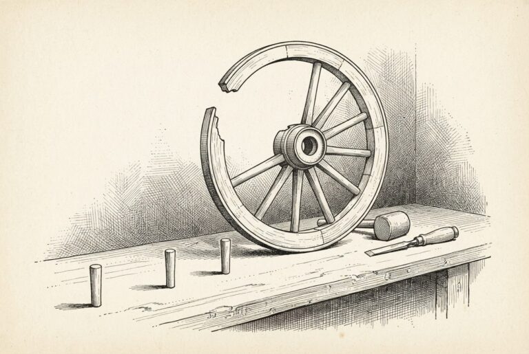 A pen-and-ink engraving of a workshop bench where three blank pegs stand fixed in a row beside a cart wheel with a whole section of its rim missing, while mallet and chisel lie untouched and no one is present.