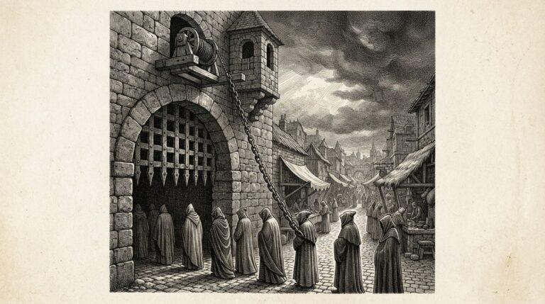 Monochrome pen-and-ink engraving of an ornate stone archway with a heavy iron gate lowered halfway by a chain, while faceless cloaked figures pass beneath it toward a distant marketplace under a gathering storm.
