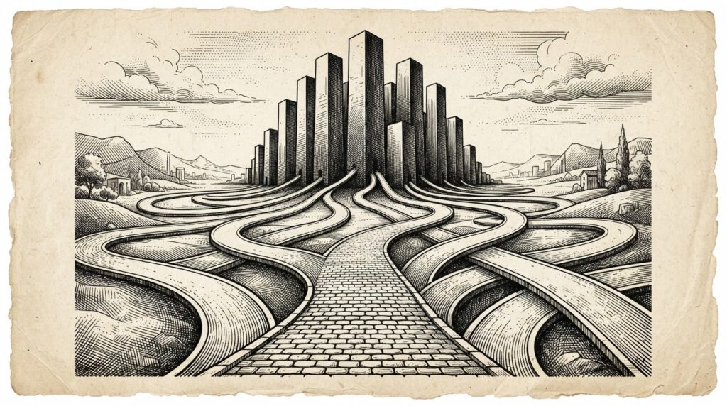 An engraving of a wide cobblestone road splitting into multiple exit ramps that all curve and converge toward the same central cluster of GPU tower shapes. The road is open with no barriers, but every path leads to the same destination.