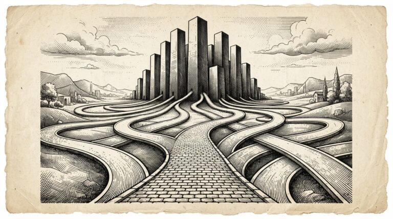 An engraving of a wide cobblestone road splitting into multiple exit ramps that all curve and converge toward the same central cluster of GPU tower shapes. The road is open with no barriers, but every path leads to the same destination.