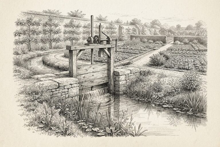 A wooden sluice gate with a hand crank set in a walled garden channel, its gate raised to meter a controlled flow of water into a lower pool, with neat planted beds and espaliered trees in the garden beyond, drawn as a monochrome hand-inked engraving.