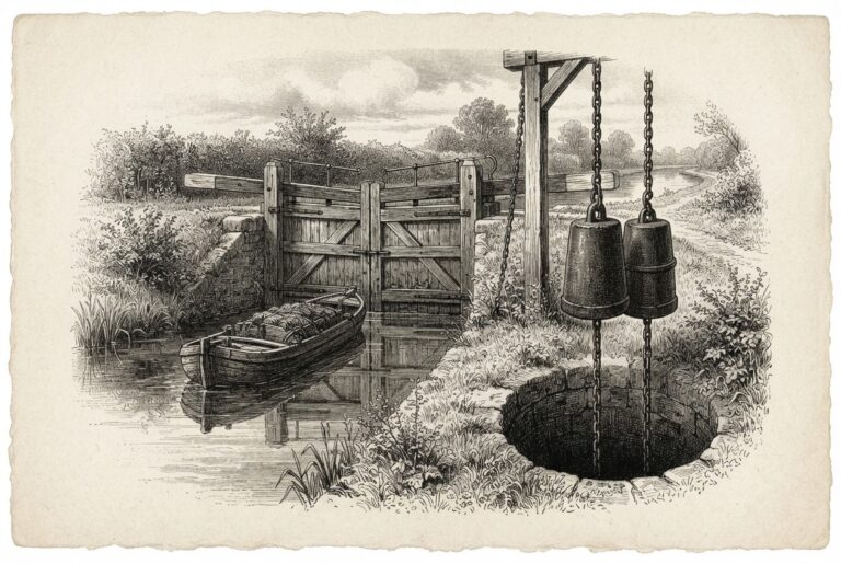 A Victorian allegorical engraving: a small unmanned wooden barge waits before a tall closed canal lock gate while, beside the gatepost, two impossibly oversized counterweights on heavy chains descend into a dark well in the ground and vanish beneath the earth, the machinery that governs passage buried and out of reach.