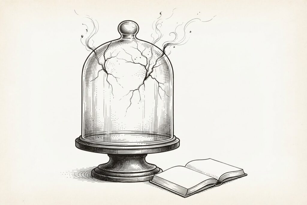 A cracked glass bell jar on a pedestal with ink tendrils escaping through the fractures, alongside a blank ledger - containment that cannot hold and insurance that does not exist