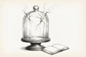 A cracked glass bell jar on a pedestal with ink tendrils escaping through the fractures, alongside a blank ledger - containment that cannot hold and insurance that does not exist