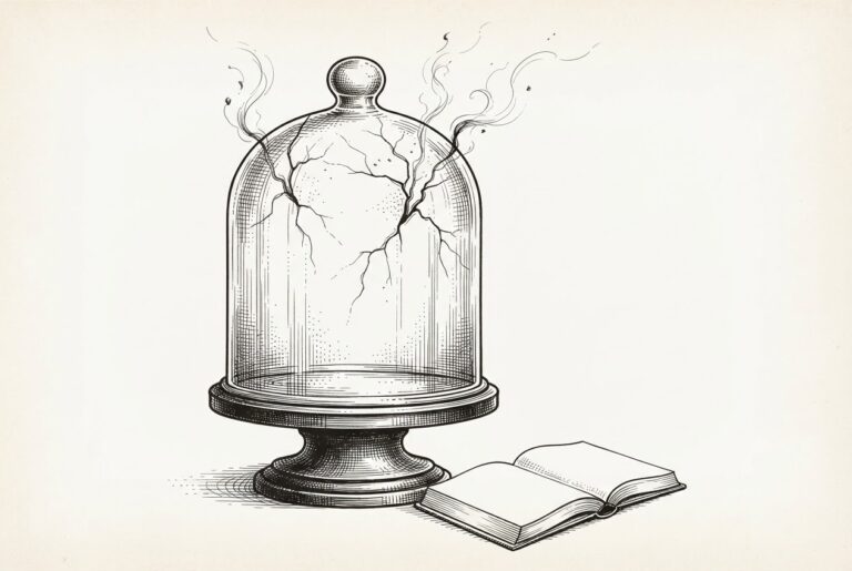 A cracked glass bell jar on a pedestal with ink tendrils escaping through the fractures, alongside a blank ledger - containment that cannot hold and insurance that does not exist