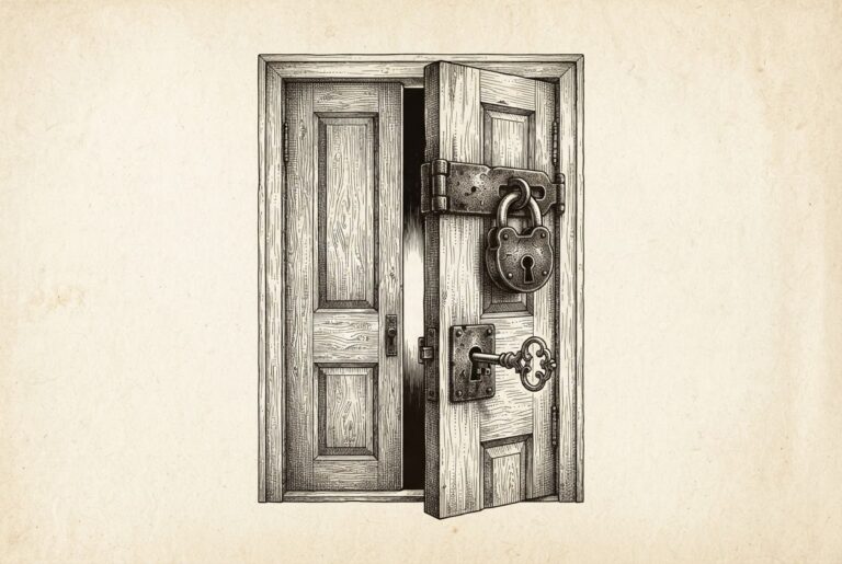 A conceptual engraving of a door with two locks, the lower one with its key still inserted and the door slightly ajar, representing a security fix whose default configuration left the bypass open.