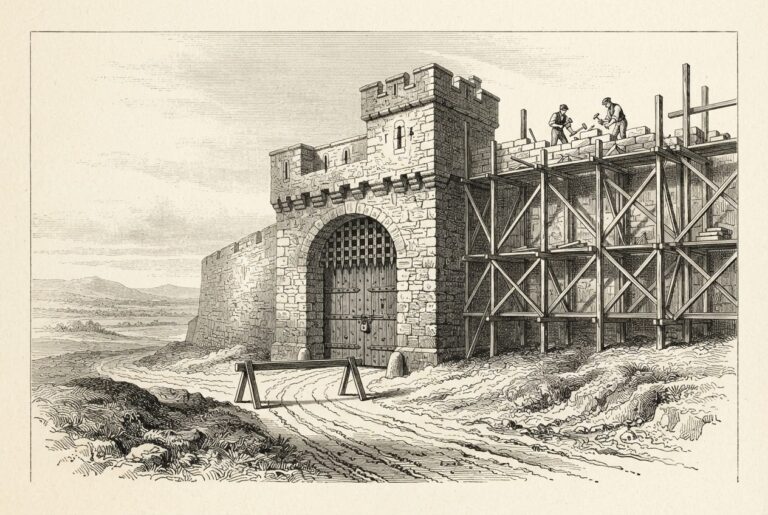 Monochrome engraving of a finished fortified gate with closed wooden doors, with an unfinished wall rising on scaffolding beside it and a road stopped at a simple barrier.