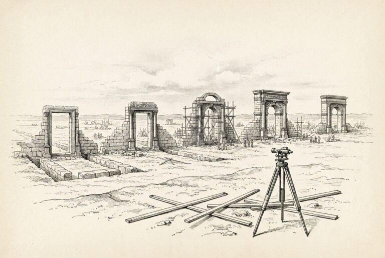 A hand-drawn editorial engraving of five ornate stone gates being built simultaneously across a vast unfinished construction site, with surveyor's measuring rods and a theodolite lying abandoned and unused in the foreground, symbolizing governance structures forming faster than measurement tools can validate them.