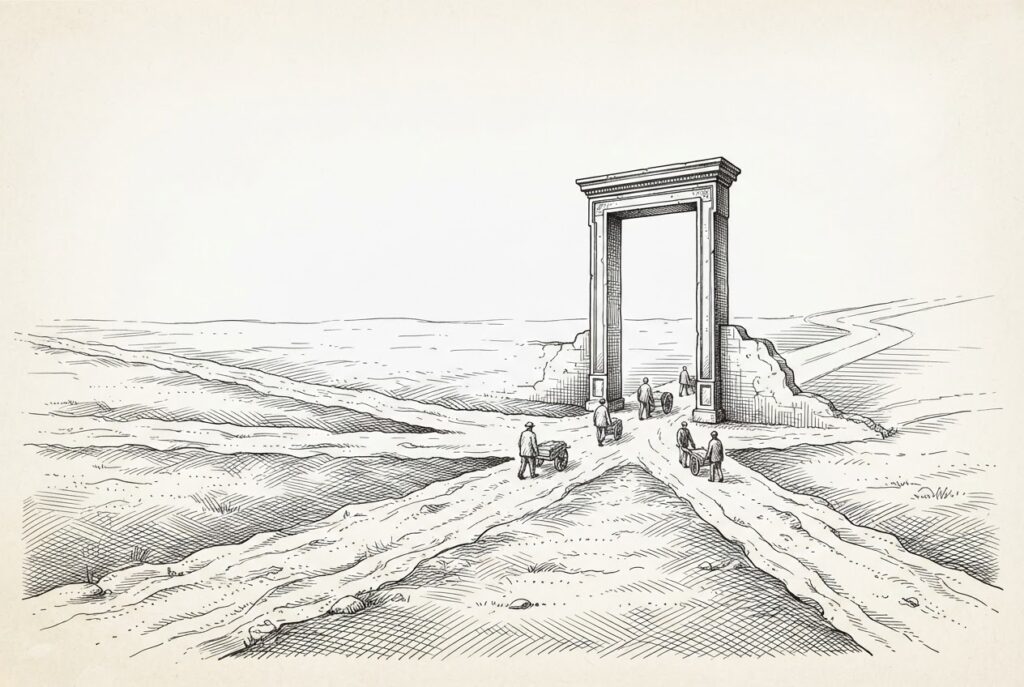 A wide engraved landscape where several rough paths converge on a tall ornate stone gateway that is only a freestanding carved frame (no doors, no barrier, no wall), with small travelers passing freely through the empty opening and the road beyond dissolving into unfinished sketch.