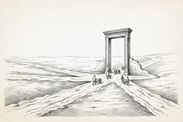 A wide engraved landscape where several rough paths converge on a tall ornate stone gateway that is only a freestanding carved frame (no doors, no barrier, no wall), with small travelers passing freely through the empty opening and the road beyond dissolving into unfinished sketch.