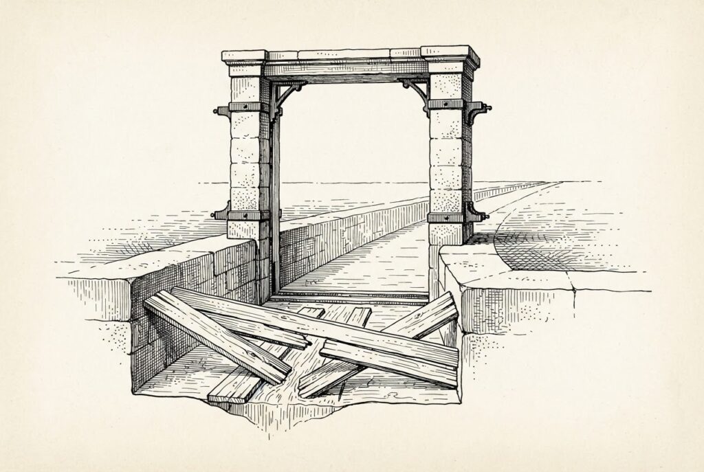 A wide water channel with a stone sluice-gate frame rising from the channel walls, but the gate panel is absent. Temporary wooden boards hold back a thin trickle of water. The missing control mechanism is the focal point.