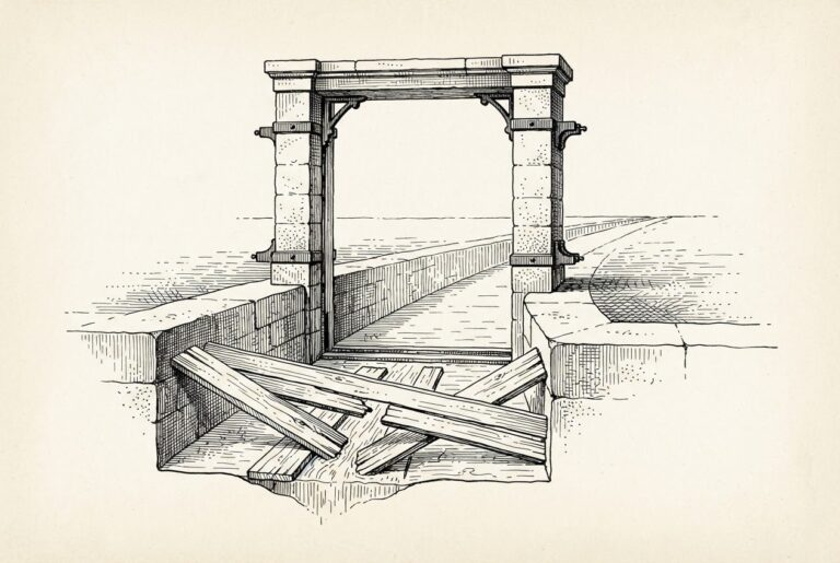 A wide water channel with a stone sluice-gate frame rising from the channel walls, but the gate panel is absent. Temporary wooden boards hold back a thin trickle of water. The missing control mechanism is the focal point.