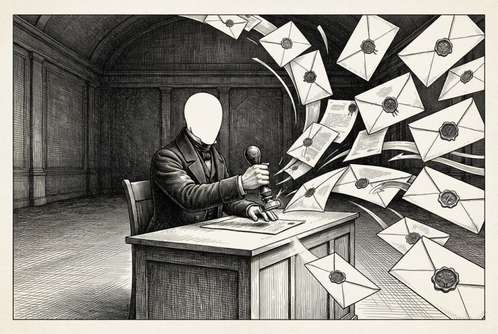 A pen-and-ink engraving of a single verification desk in an otherwise empty hall, where multiple sealed envelopes with different wax seals converge on one faceless clerk who breaks each seal and stamps a pass - many agents, one identity checkpoint