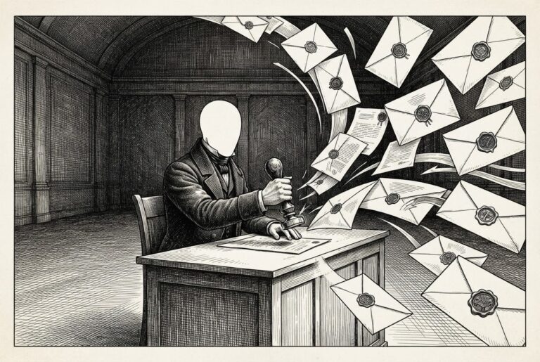 A pen-and-ink engraving of a single verification desk in an otherwise empty hall, where multiple sealed envelopes with different wax seals converge on one faceless clerk who breaks each seal and stamps a pass - many agents, one identity checkpoint