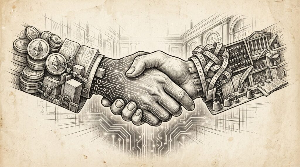 Pen-and-ink engraving of two hands in a formal handshake merging into a unified circuit — one hand representing stablecoin infrastructure with blockchain ledgers, the other representing traditional exchange infrastructure with trading floor elements