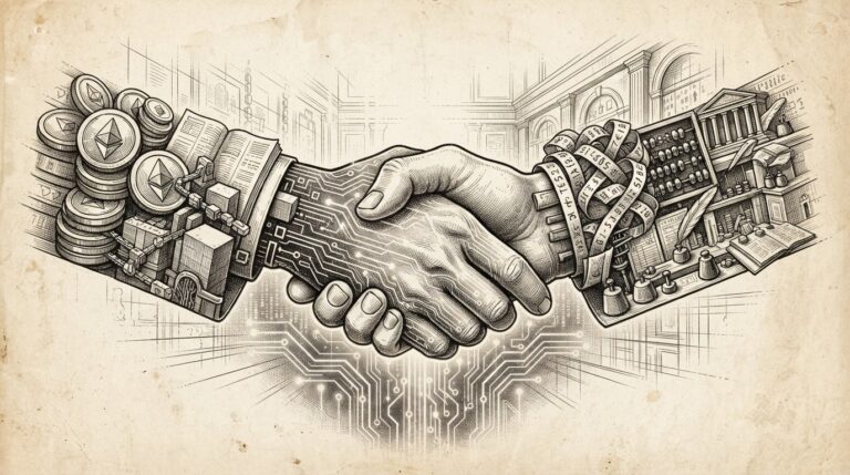Pen-and-ink engraving of two hands in a formal handshake merging into a unified circuit — one hand representing stablecoin infrastructure with blockchain ledgers, the other representing traditional exchange infrastructure with trading floor elements