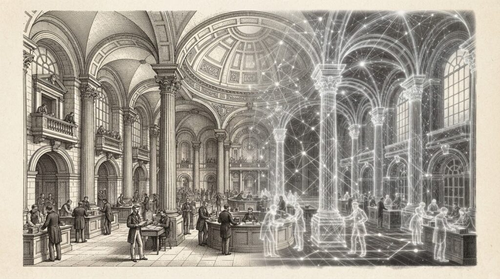 A traditional stock exchange trading floor with classical architecture being replicated as translucent digital twin structures rendered as ghostly blockchain node overlays, connected by settlement paths. Monochrome pen-and-ink engraving on warm off-white paper.