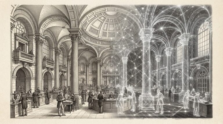 A traditional stock exchange trading floor with classical architecture being replicated as translucent digital twin structures rendered as ghostly blockchain node overlays, connected by settlement paths. Monochrome pen-and-ink engraving on warm off-white paper.