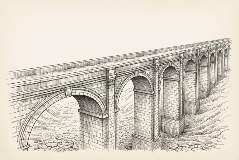 Pen-and-ink engraving of a vast ancient aqueduct of carved stone spanning a dry cracked valley, with the channel on top nearly empty carrying only a thin trickle against infrastructure built for abundance