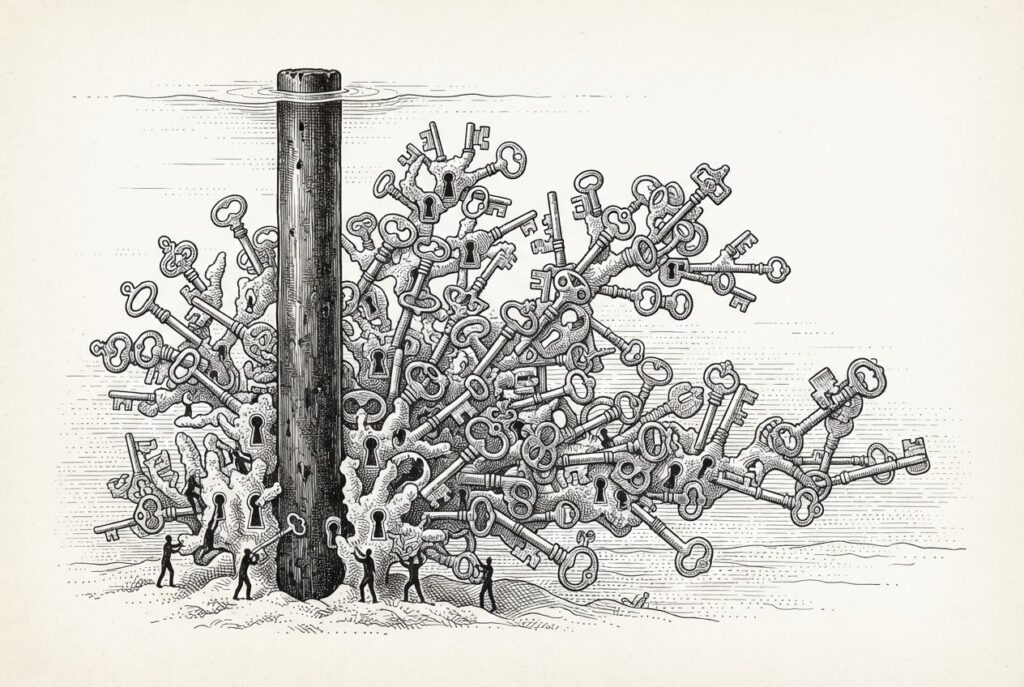 A vast coral reef formation growing around a central iron post, where the coral branches resemble mechanical keys and keyholes, with small faceless figures installing themselves into the structure – representing institutional dependency built one free attachment at a time.
