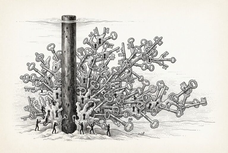 A vast coral reef formation growing around a central iron post, where the coral branches resemble mechanical keys and keyholes, with small faceless figures installing themselves into the structure – representing institutional dependency built one free attachment at a time.