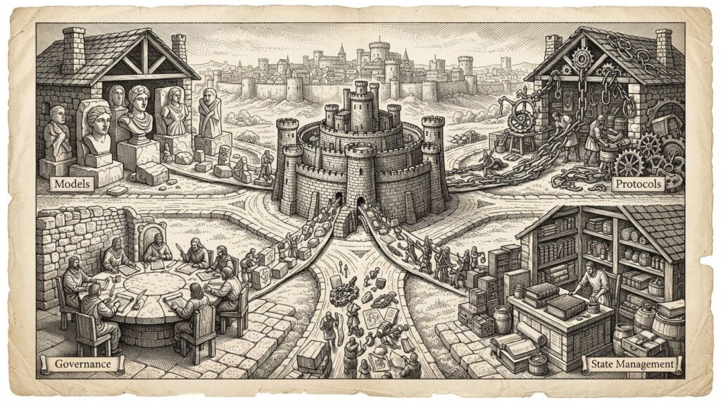 Four workshops at a crossroads each producing open tools that assemble into a complete fortress - the open-source enterprise agent stack converging. Monochrome pen-and-ink engraving.