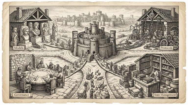 Four workshops at a crossroads each producing open tools that assemble into a complete fortress - the open-source enterprise agent stack converging. Monochrome pen-and-ink engraving.
