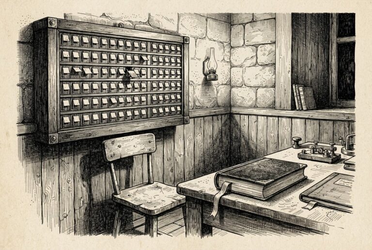 Pen-and-ink engraving of a night watch room: an antique annunciator panel with one flag flipped above an empty operator's stool, a closed rulebook on the desk.