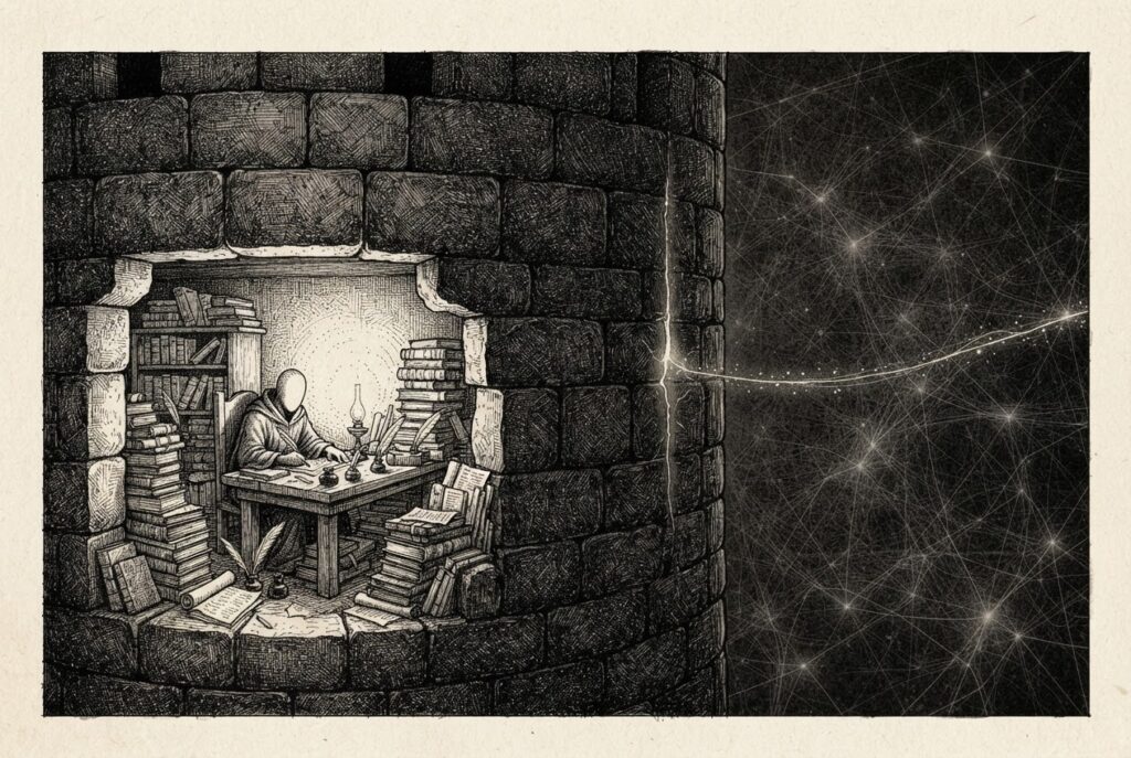 Conceptual pen-and-ink engraving on warm paper. A massive stone fortress wall with a single hairline crack through which a thin thread of light escapes into the surrounding darkness. Inside the fortress, a faceless figure sits at a wooden desk surrounded by stacks of books and papers, representing the offline world.