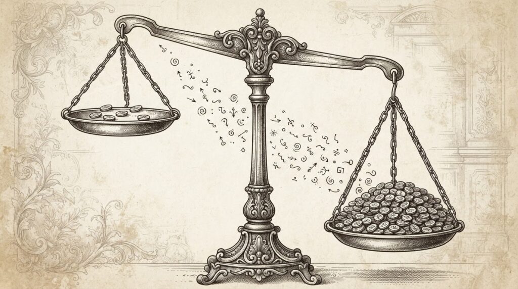 A large antique balance scale with two pans at different heights, one holding dense coins and the other sparse coins, yet both balancing evenly — the same revenue measured two different ways. Monochrome pen-and-ink engraving.