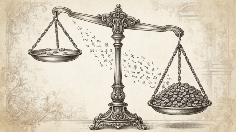 A large antique balance scale with two pans at different heights, one holding dense coins and the other sparse coins, yet both balancing evenly — the same revenue measured two different ways. Monochrome pen-and-ink engraving.