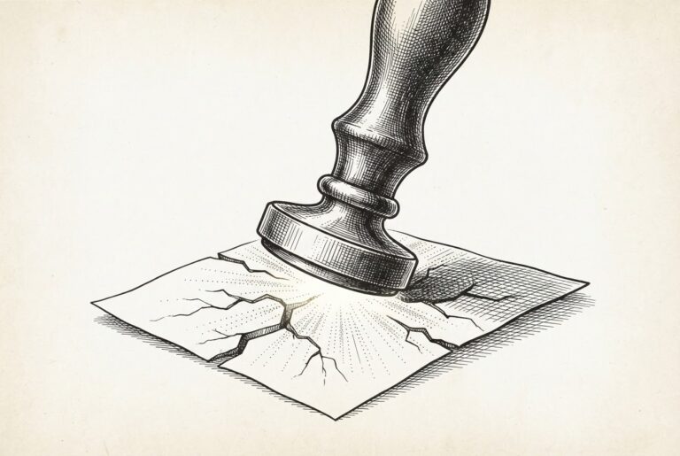 A heavy ornate seal stamp pressing down on a document that is splitting open with light escaping through cracks - the act of corporate policy enforcement fracturing the thing it's trying to contain.
