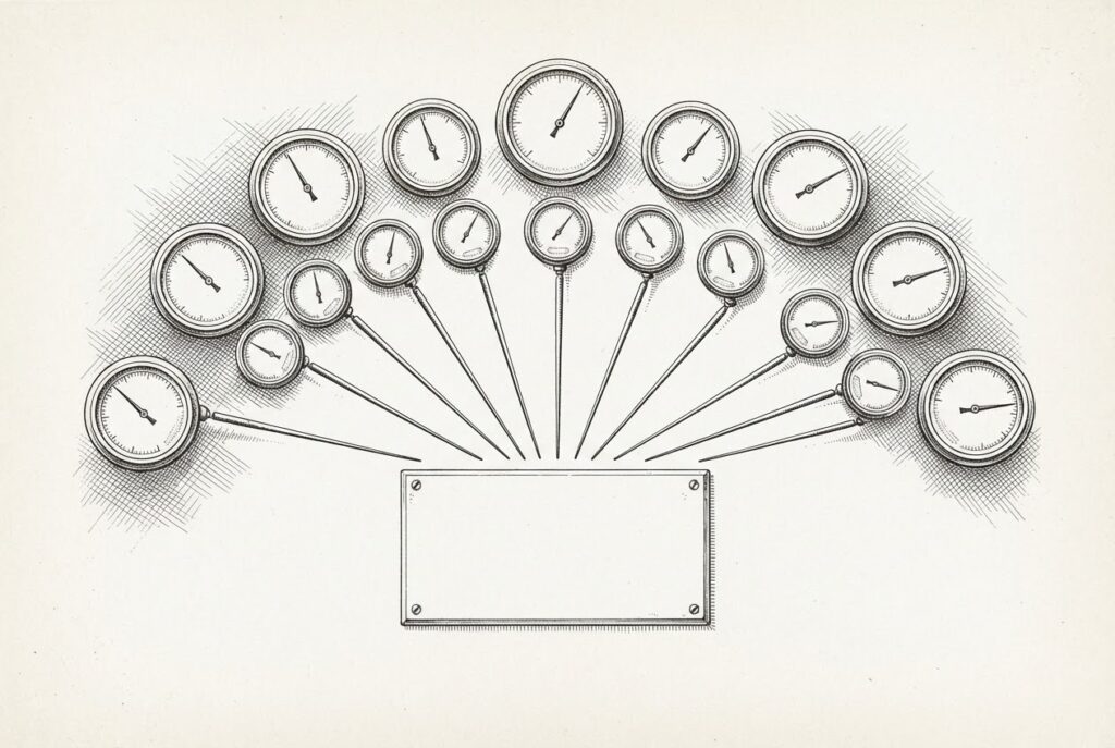 Pen-and-ink engraving of antique gauges whose needles all converge on one blank price plaque.