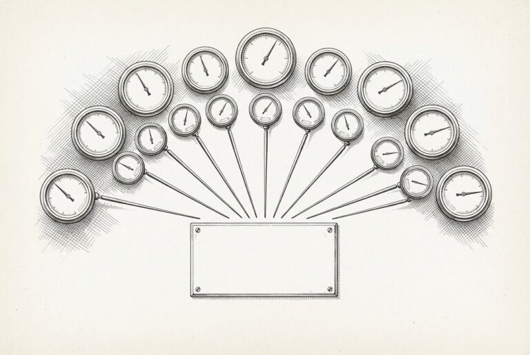 Pen-and-ink engraving of antique gauges whose needles all converge on one blank price plaque.