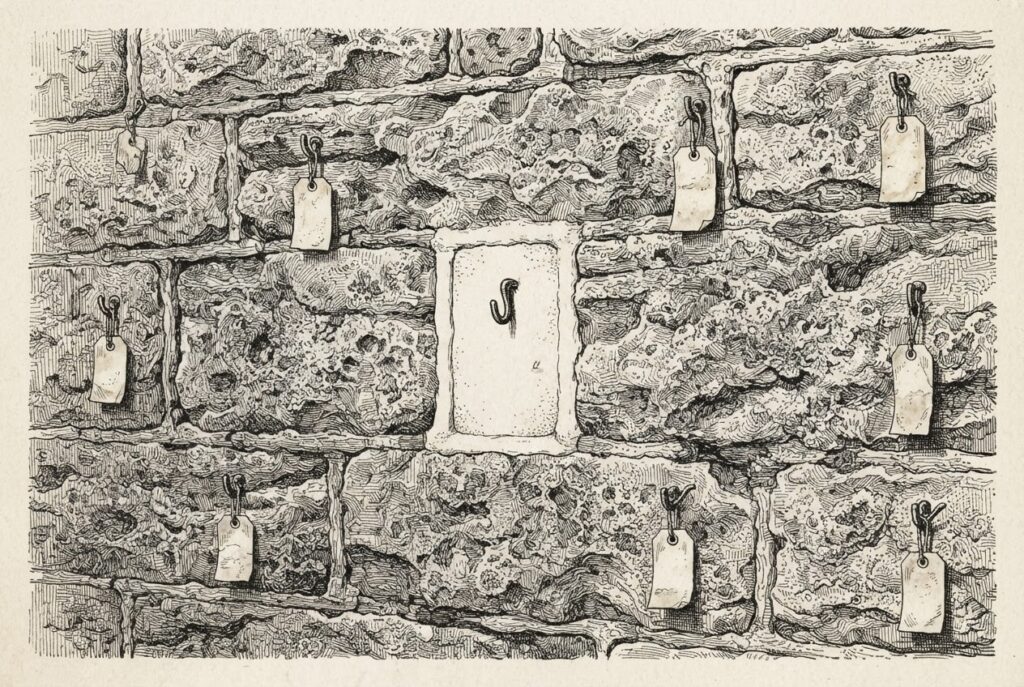 Engraved illustration of a stone wall where every repaired stone carries an inspection tag except the fresh repair, whose hook hangs empty.