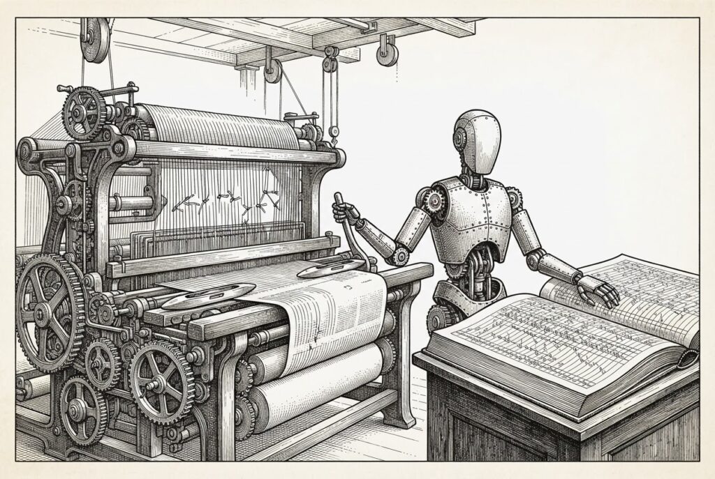 A vast mechanical loom weaves blank pages from fine threads, with several threads visibly cut and tied off with small knots where errors were caught. A faceless automaton attendant stands beside the loom, one hand on its lever, the other resting on an enormous open ledger recording each correction.