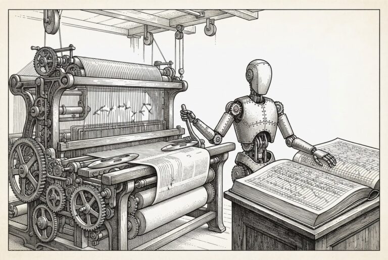 A vast mechanical loom weaves blank pages from fine threads, with several threads visibly cut and tied off with small knots where errors were caught. A faceless automaton attendant stands beside the loom, one hand on its lever, the other resting on an enormous open ledger recording each correction.