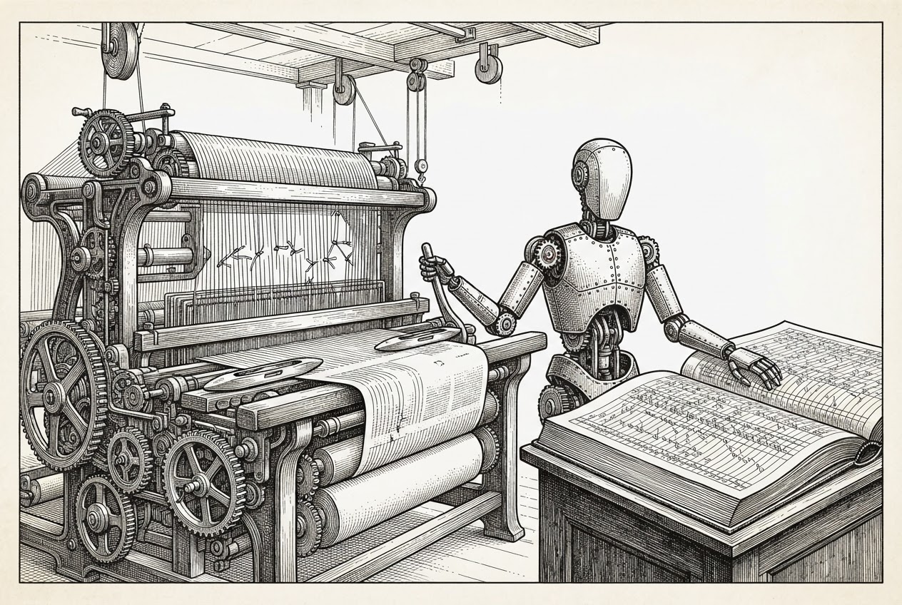 A vast mechanical loom weaves blank pages from fine threads, with several threads visibly cut and tied off with small knots where errors were caught. A faceless automaton attendant stands beside the loom, one hand on its lever, the other resting on an enormous open ledger recording each correction.