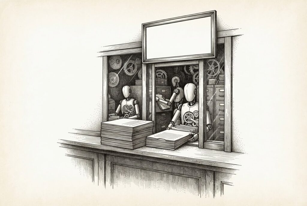 Pen-and-ink engraving: a service window where labeled work orders pass through to faceless clerk-mechanisms, with the price board above the window left blank.