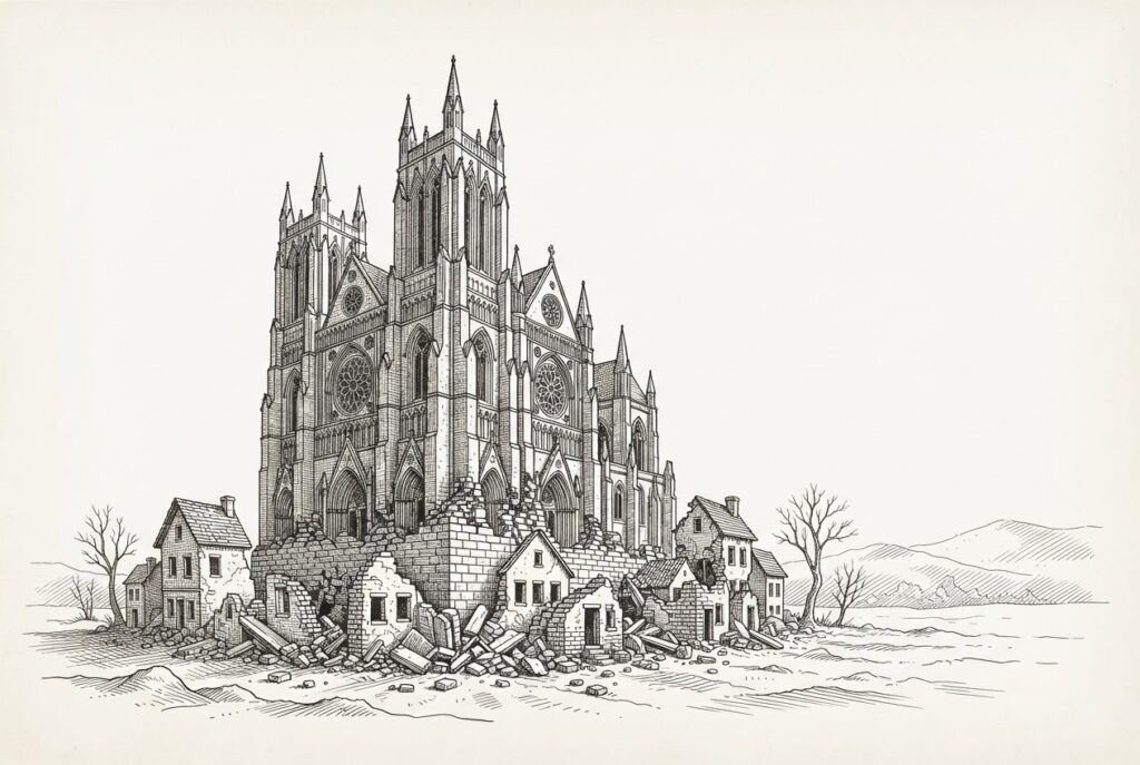 A grand Gothic cathedral dominating the frame with smaller buildings at its base visibly crumbling and being absorbed into the cathedral's foundation - the application platform absorbing standalone infrastructure middleware