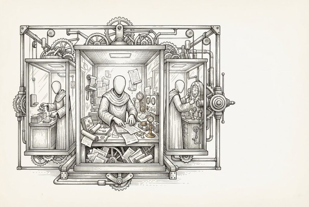 Pen-and-ink engraving of faceless robed figures performing autonomous work inside transparent glass-walled chambers within a larger mechanical apparatus - agents entering the governed ERP layer