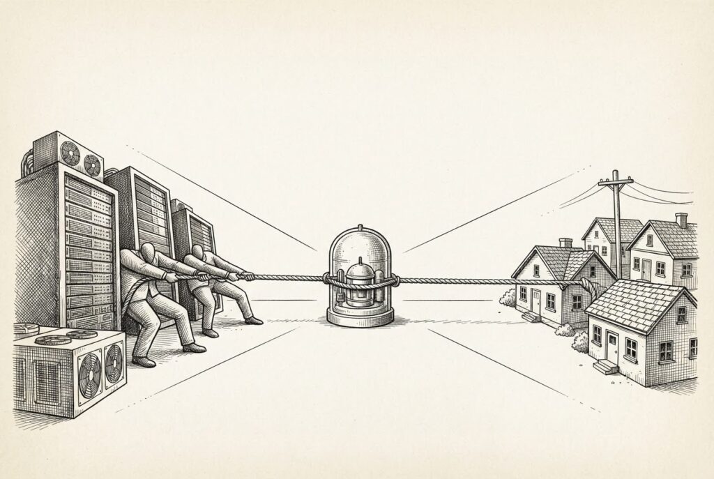 A hand-drawn pen-and-ink engraving of a tug-of-war over a nuclear reactor vessel, with massive data center buildings pulling from one side and small residential houses being dragged from the other, representing the conflict between AI compute demand and ratepayer interests over finite nuclear power capacity