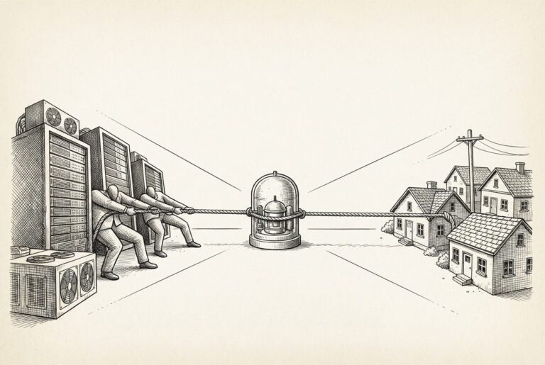 A hand-drawn pen-and-ink engraving of a tug-of-war over a nuclear reactor vessel, with massive data center buildings pulling from one side and small residential houses being dragged from the other, representing the conflict between AI compute demand and ratepayer interests over finite nuclear power capacity