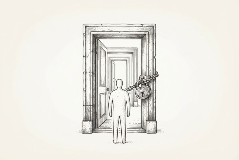 Three nested architectural doorframes of decreasing size, the outermost sealed with a heavy padlock and chain while the inner two stand open - identity as the controlled entry point to the agent stack.