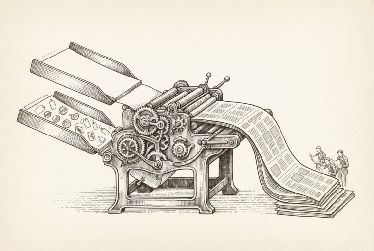 A monochrome pen-and-ink engraving of an industrial printing press with two separate input chutes feeding into one machine, producing identical-looking output pages. Figures in the background read the output, unable to distinguish which stream each page came from.